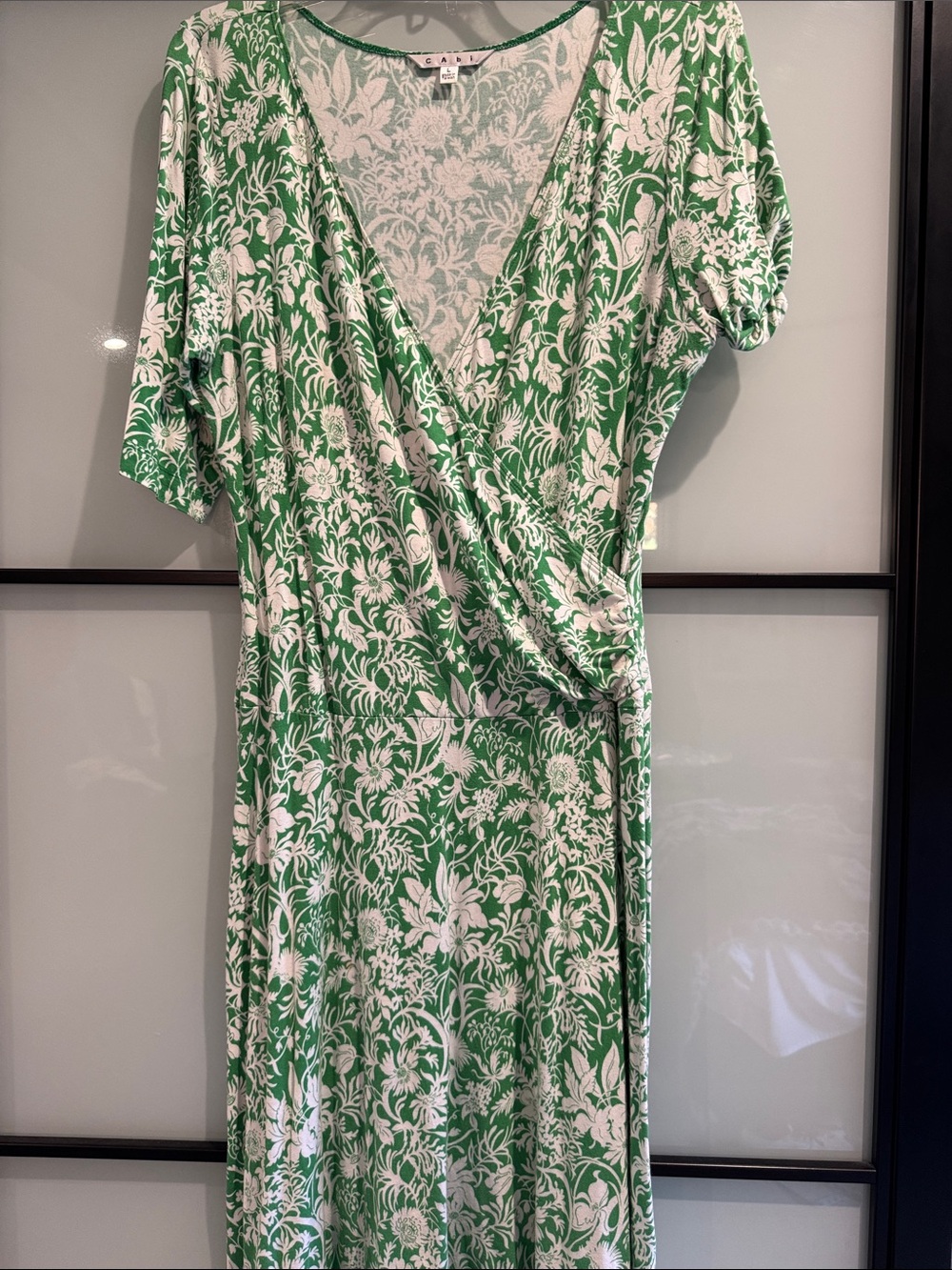 CAbi Green and White Floral Wrap style Midi Dress